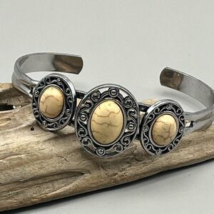 Silver and Cream Stone Cuff Bracelet